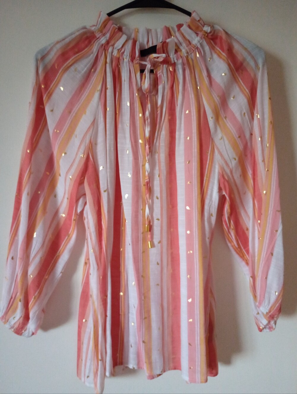 Striped Pink & Gold Accent Peasant Blouse Size Medium